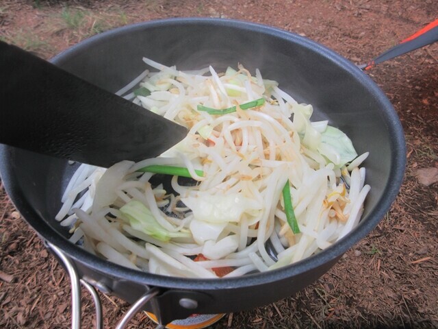 テント泊した五十人平野営場で料理した野菜炒め