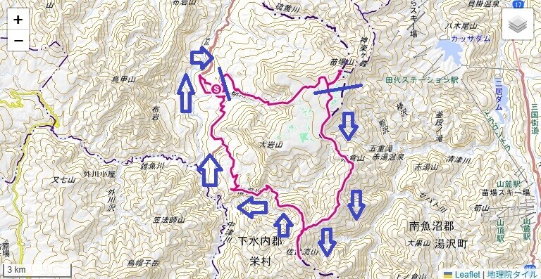 佐武流山と苗場山の登山コースと標高差の地図