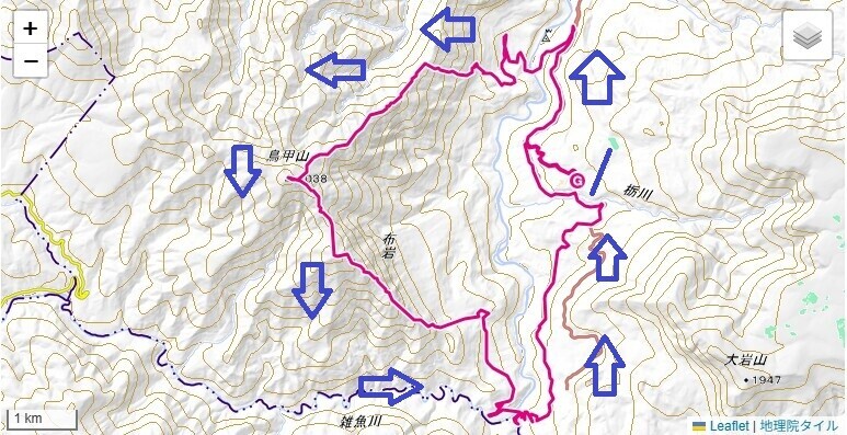 鳥甲山の登山コースと標高差の地図