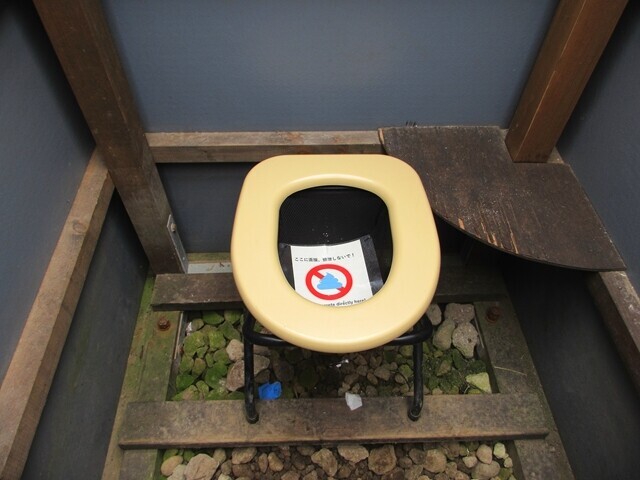 携帯トイレブースの中でレビュー中の様子