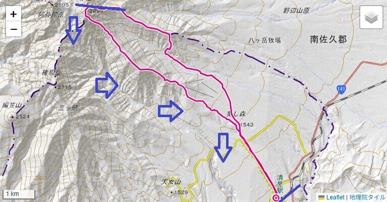 真教寺尾根から赤岳登山のルートと標高差の地図
