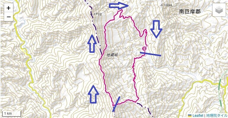 青笹山から仏谷山と月夜の段への登山のルートと標高差地図