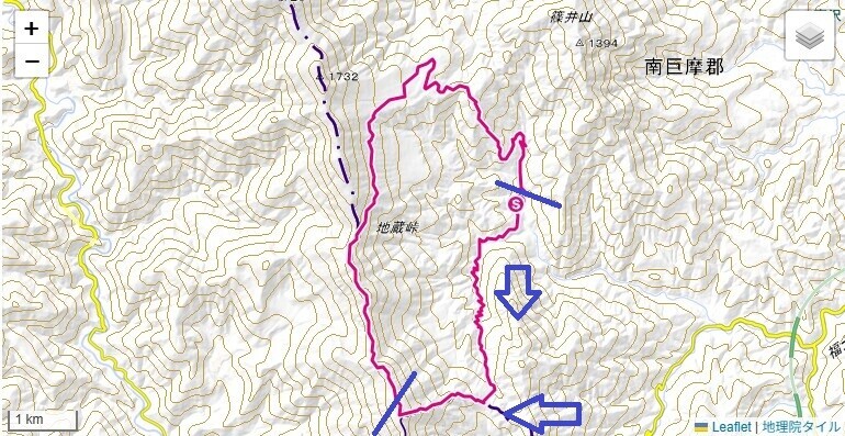 青笹山への登山ルートと標高差の地図