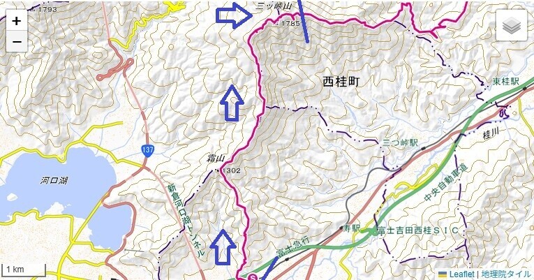 新倉富士浅間神社から三つ峠山登山への登山ルートと標高差の地図