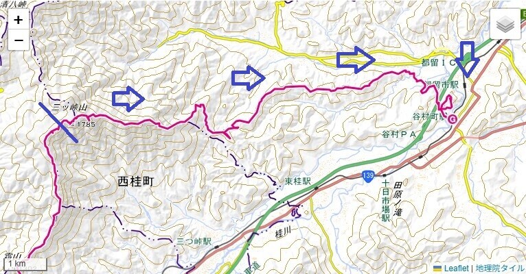 三つ峠東稜(東尾根)から大久保山、城山までの登山ルートと標高差の地図