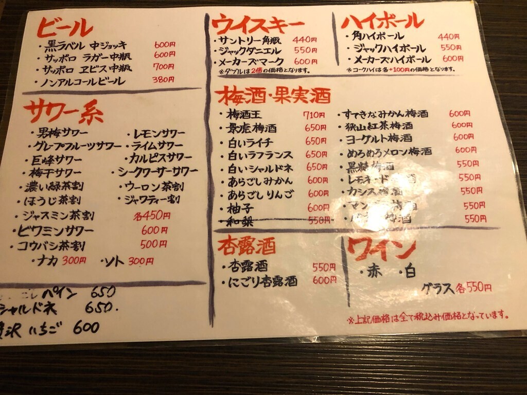 厚木なかじまの梅酒と果実酒のメニューと料金