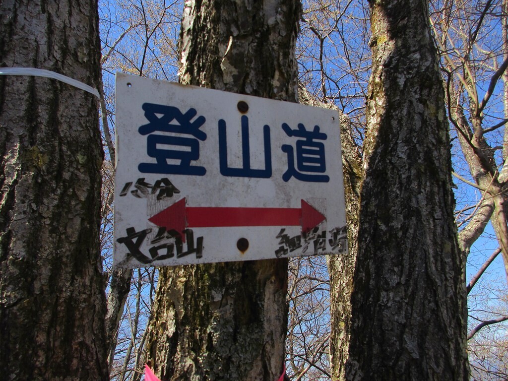 文台山山頂と細野方面（三輪神社）へ至る登山ルートの分岐