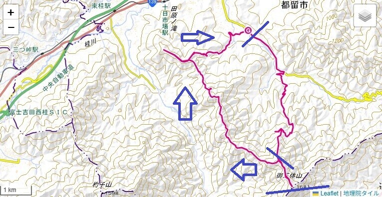 文台山と尾崎山への登山ルートと標高差の地図