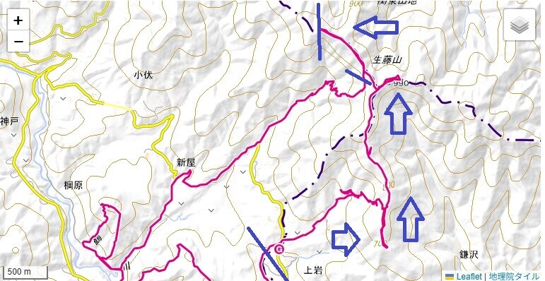 藤山登山のルートと標高差の地図