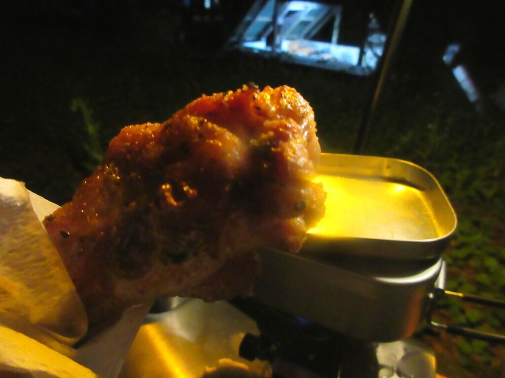 キャンプ飯で作ったチキンの香草焼きを食べてレビューの様子