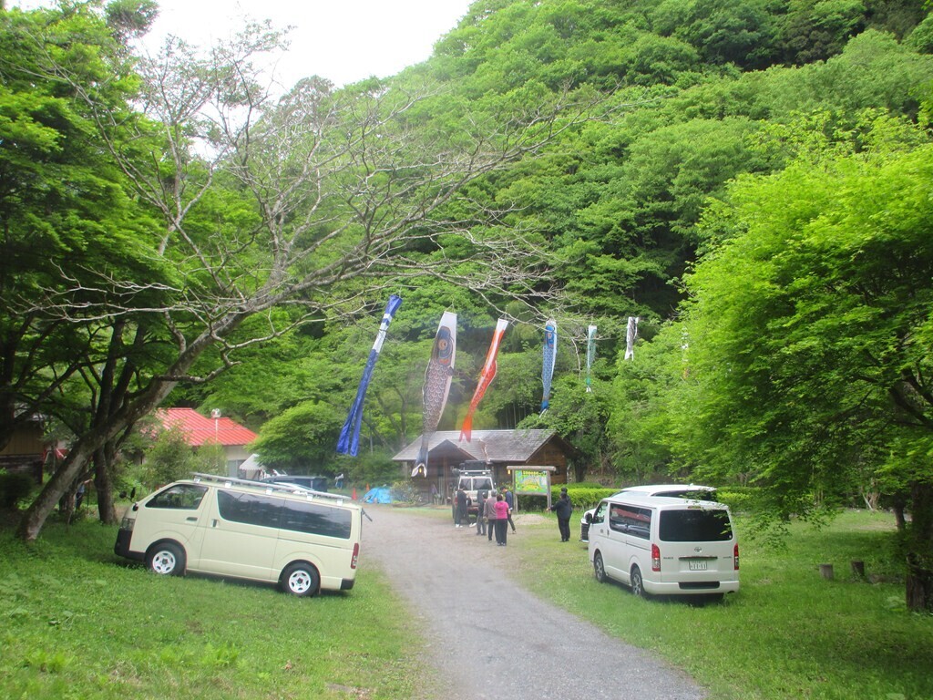 平野田休養村キャンプ場のサイトと駐車場の様子