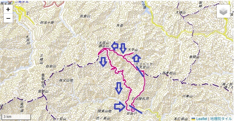 酉谷山、太平山、小川谷登山ルートと標高差の地図