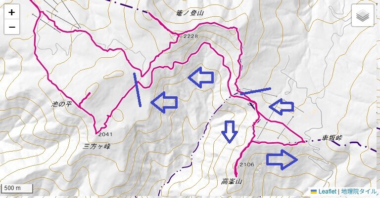 高峯山への登山ルートと標高差の地図