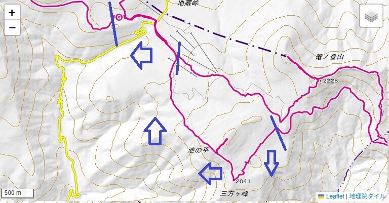 ハイキングした池の平湿原への登山ルートと標高差の地図