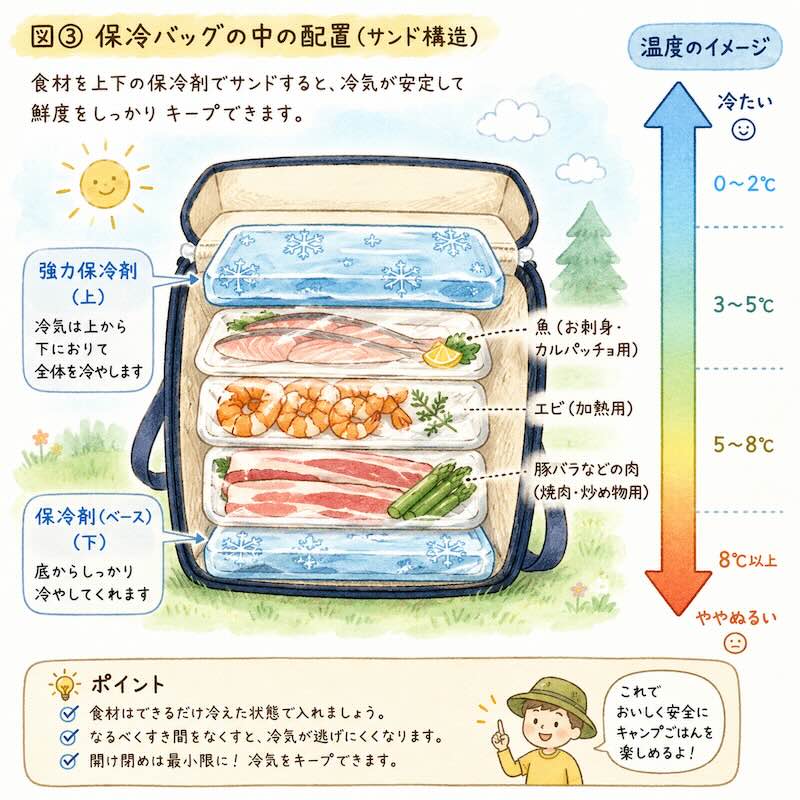 保冷バッグの中の配置 サンド構造 図解