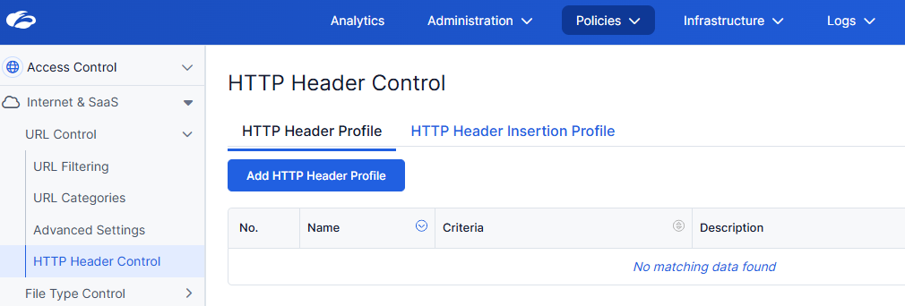 HTTP Header Profile 設定画面