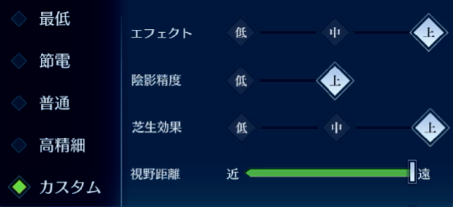 ソード＆ブレイドの設定画面の画質設定のカスタムを選択したときの各項目です