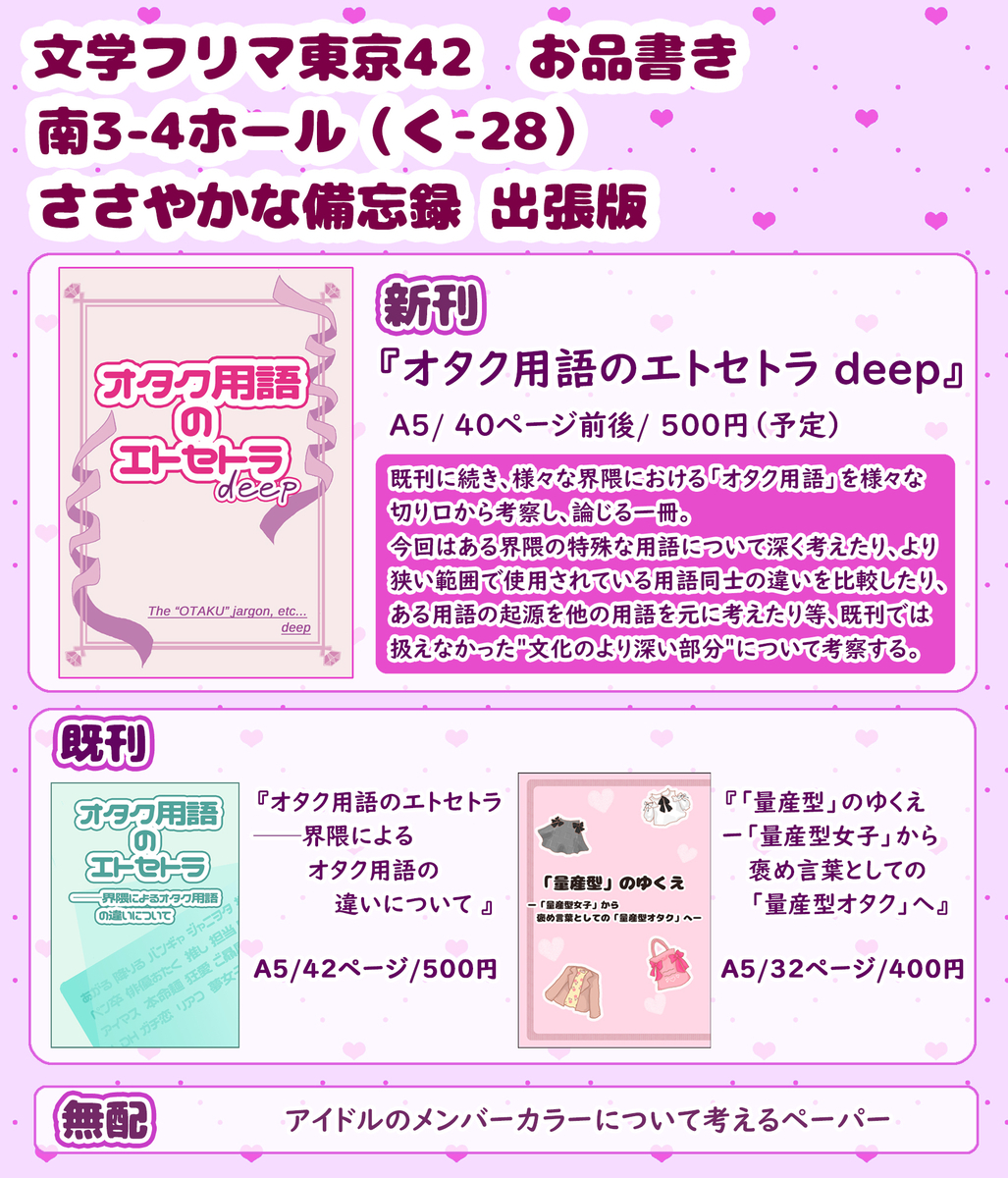 5/4 文学フリマ東京42 お品書き・サンプル（新刊『オタク用語の