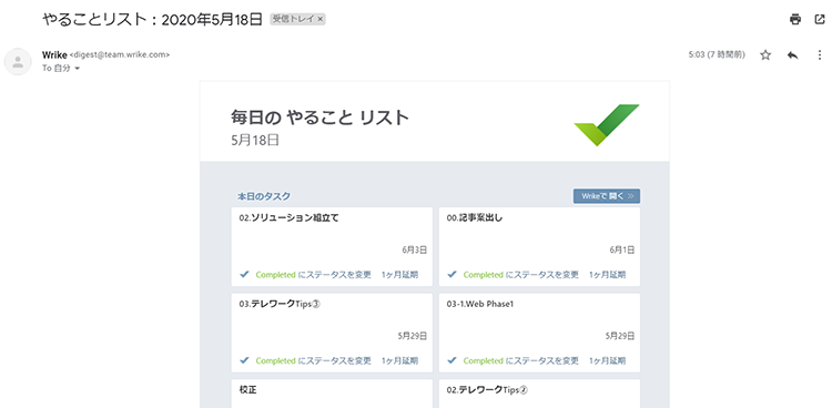 Wrikeから毎朝送られてくるタスク一覧のメール。メールからステータス変更も可能だ。
