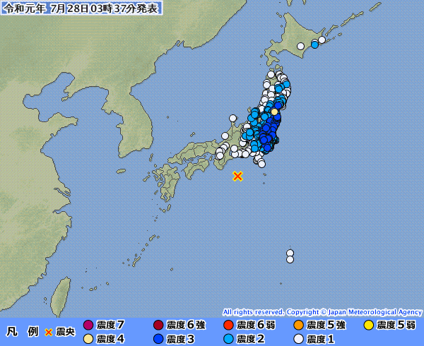 2019年7月28日3時31分頃 M6.5 深さ420km