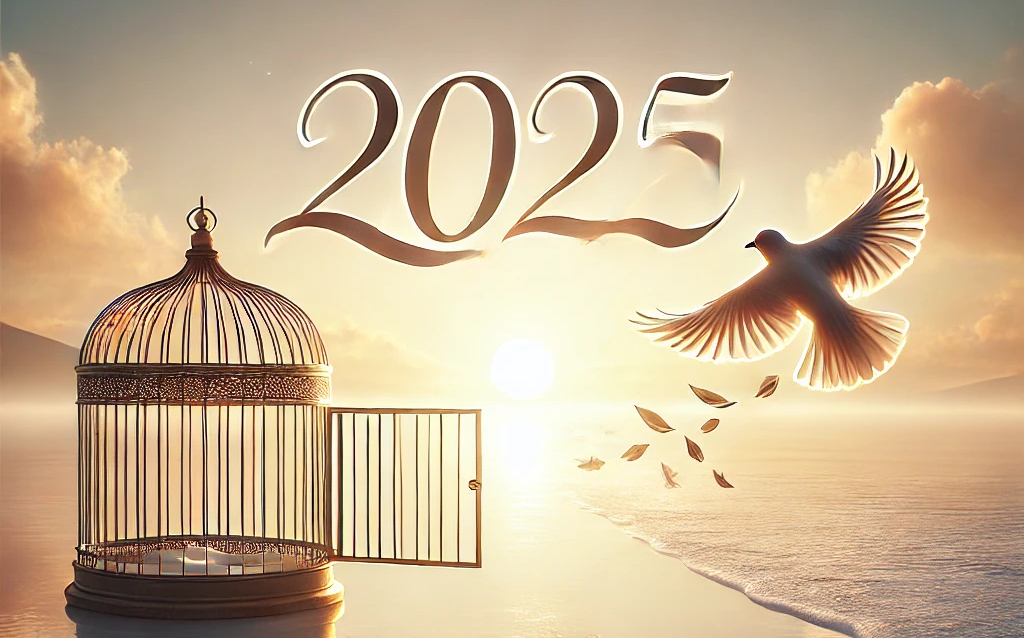 鳥かごの扉が開かれ、鳥が大空に向かって羽ばたいている。空には2025の文字。新しい年2025年を迎えるイメージ画像