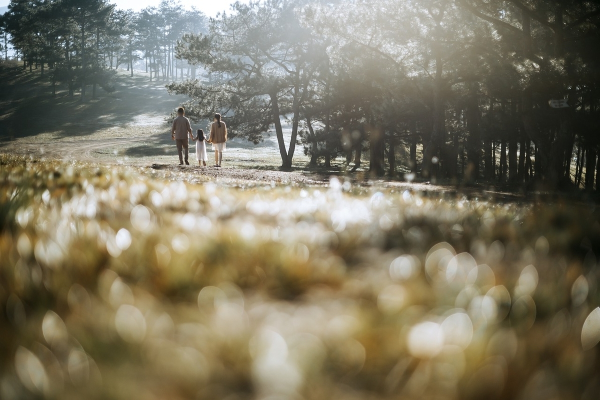 子どもを中心に左右で手をつないで皆で一緒に公園を散歩する若い夫婦のイメージ画像