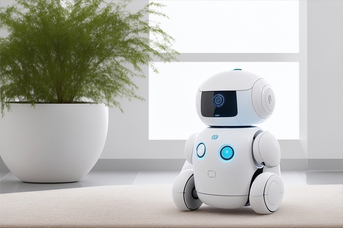 手のひらサイズのかわいいロボットがテーブルの上にちょこんと座っている画像