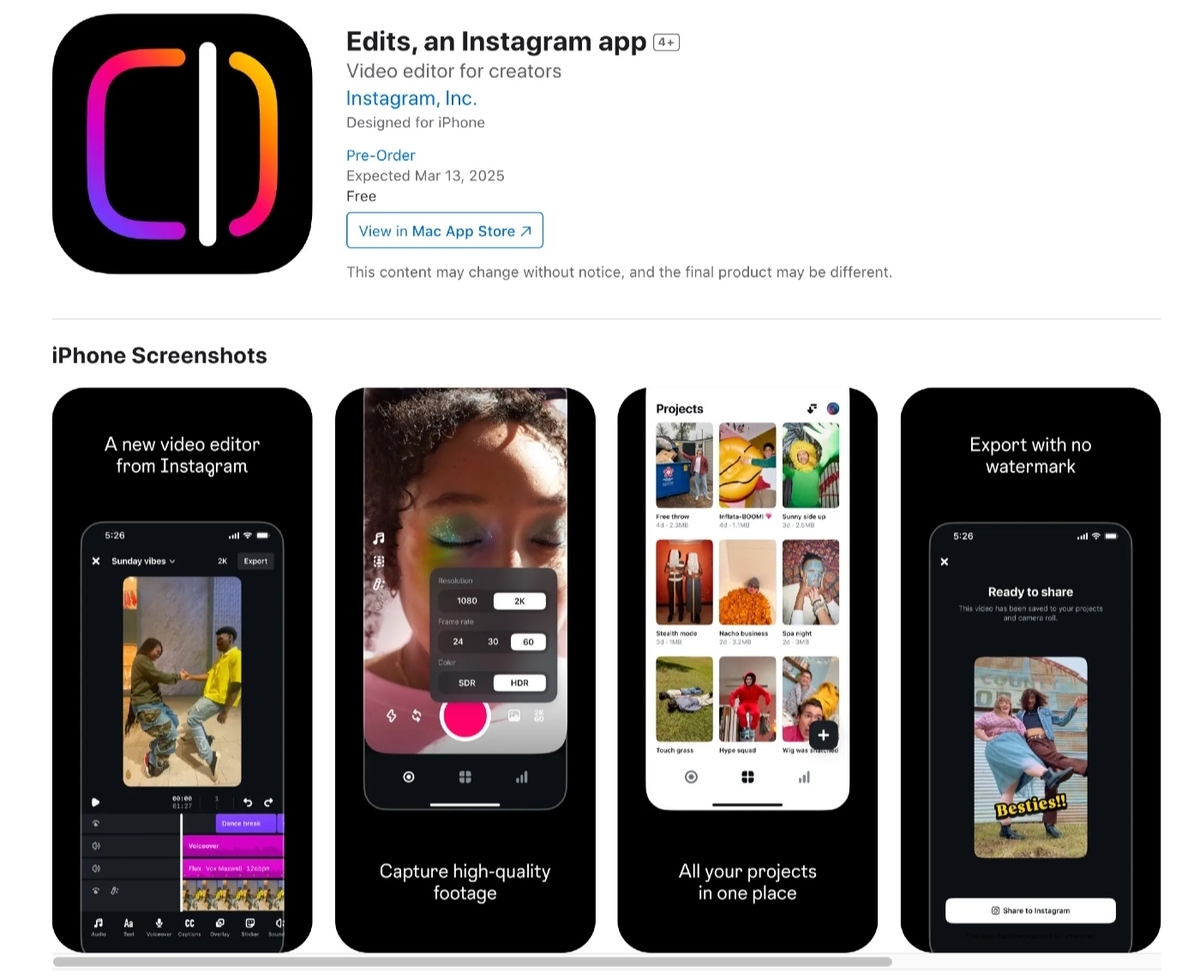 Instagramが「CapCut」対抗の動画編集アプリ「Edits」を発表、その特徴は？