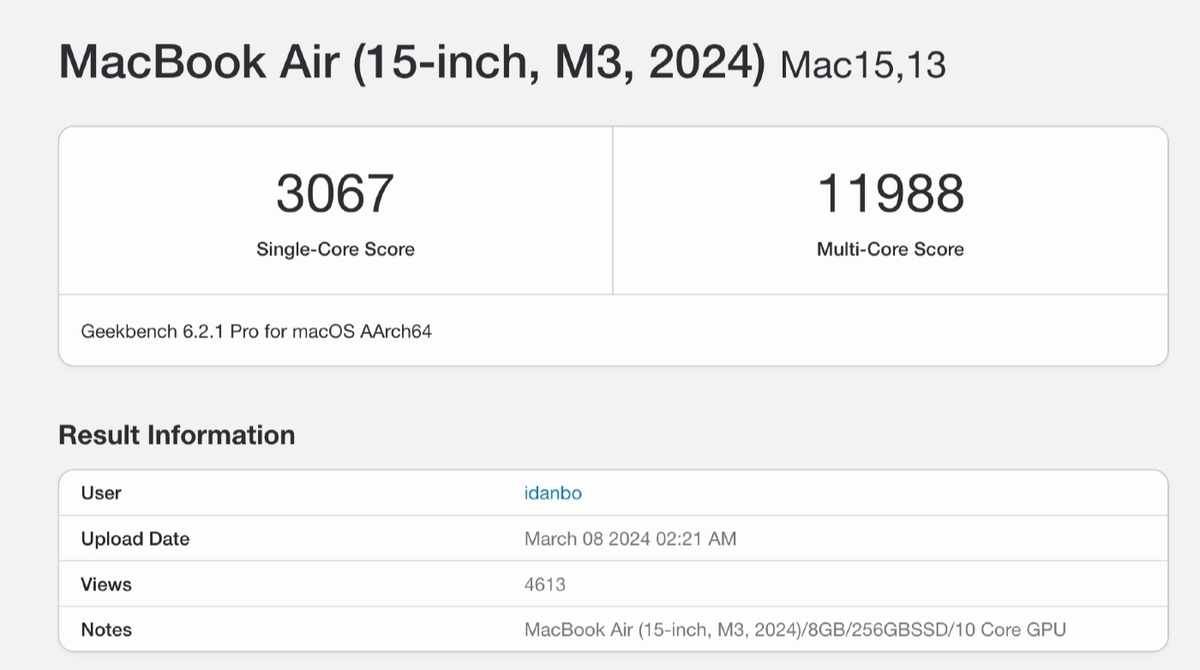 MacBook Airの15インチの2024年のM3モデルの8GB/256GBSSD/10 Core GPUのベンチマーク