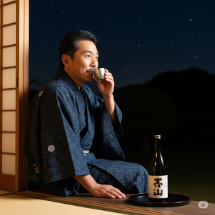 錫製のぐい飲みで冷酒を飲む和服の男性