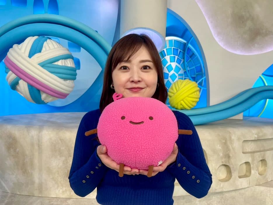 水卜アナが持っていたぬいぐるみ、けだま（ピンクのセーター）のぬいぐるみ