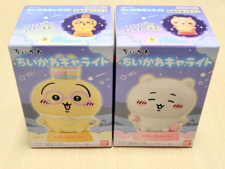 ちいかわキャライトの実際のパッケージ。箱にキャラクターの写真や名前が掲載されていて、中身を選んで購入できます