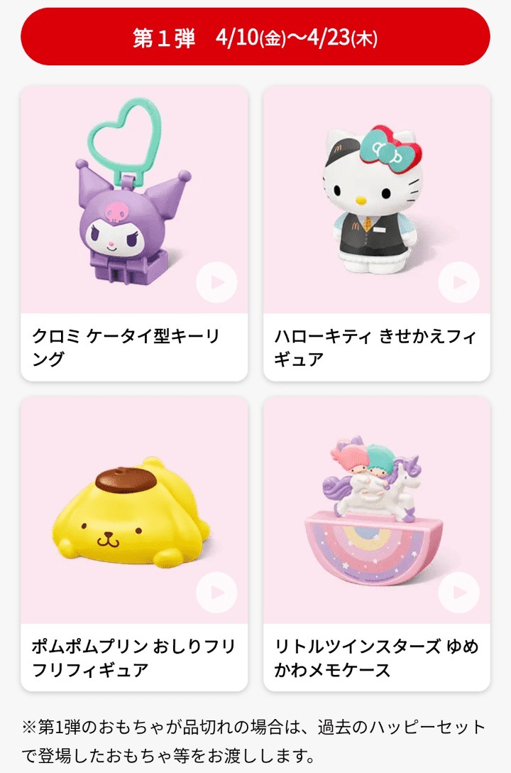 マクドナルドハッピーセット　2026年4月10日から登場のサンリオキャラクターズ第一弾全4種