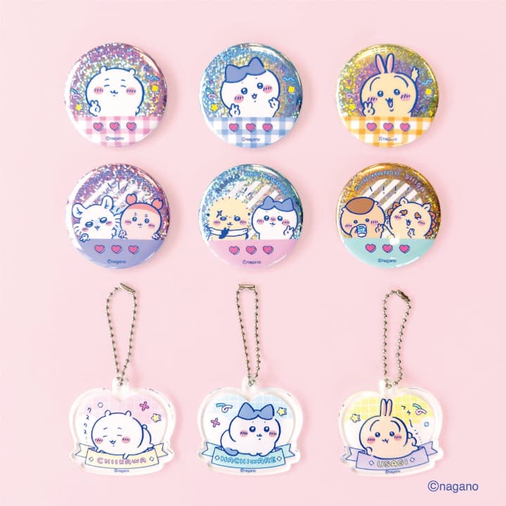 ちいかわ　ダイソー　コラボ2026　お弁当カップ各種110円、缶バッジ各110円、アクリルキーホルダー各110円
