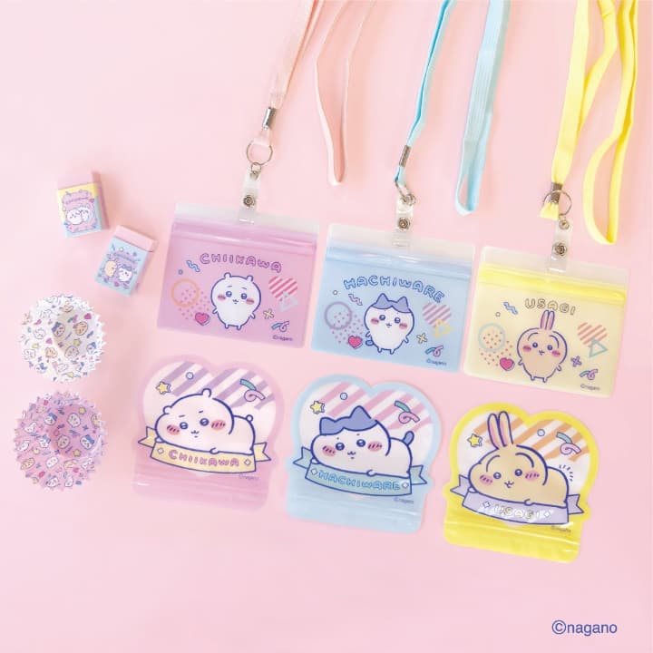 ちいかわ　ダイソー　コラボ2026　消しゴム各100円、お弁当カップ各100円、ストラップ付き名札各100～200円、ダイカットフィルムチャック袋各100円