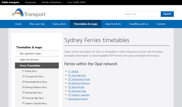 SydneyFerries　オーストラリア　シドニー・フェリー　公式ホームページ