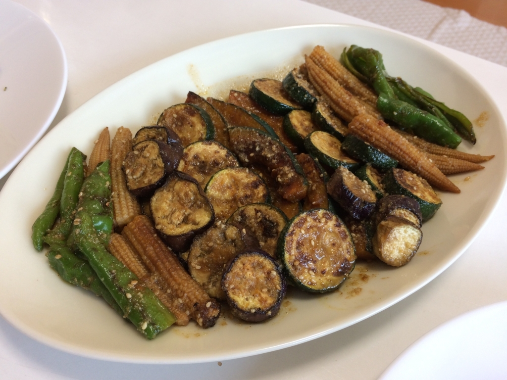シチリア風スパゲッティと焼き野菜のゴマじょうゆ浸し 半径とことこ60分