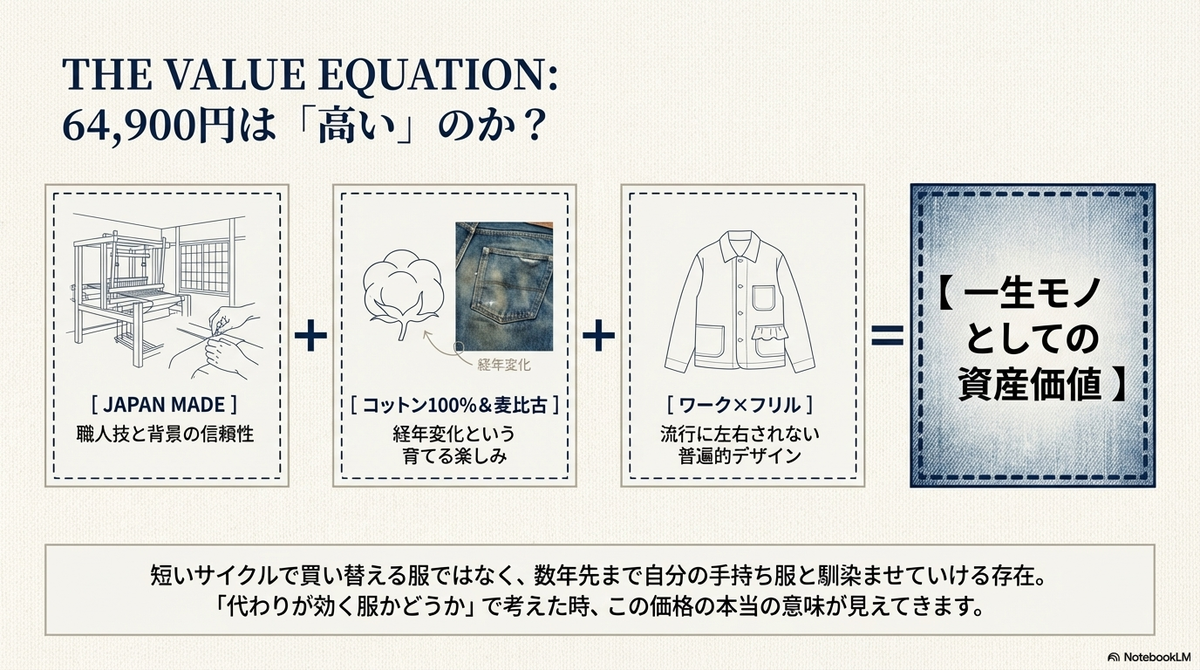 45R「麦比古デニムのフリルワークベスト（重）」を徹底解説｜素材の