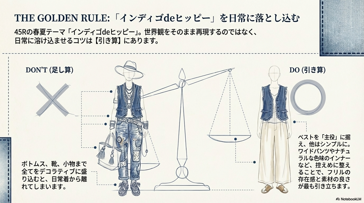 45R「麦比古デニムのフリルワークベスト（重）」を徹底解説｜素材の