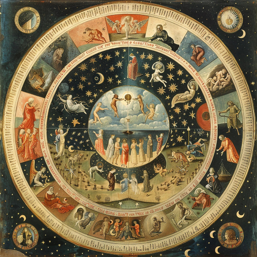 クラシックな占星術チャート。12星座、天体、神話的なモチーフが描かれた中世ヨーロッパ風の神秘的なホロスコープデザイン。