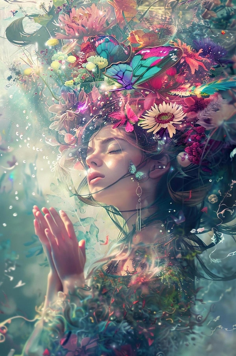目を閉じて祈るような姿勢の女性が、鮮やかな花々と蝶に囲まれている幻想的なアート作品。女性の頭上には色とりどりの花や大きな蝶が咲き誇り、柔らかな光が彼女の顔と周囲を包み込んでいる。透明感のある色彩と繊細なディテールが調和し、自然とスピリチュアルな雰囲気を感じさせる。