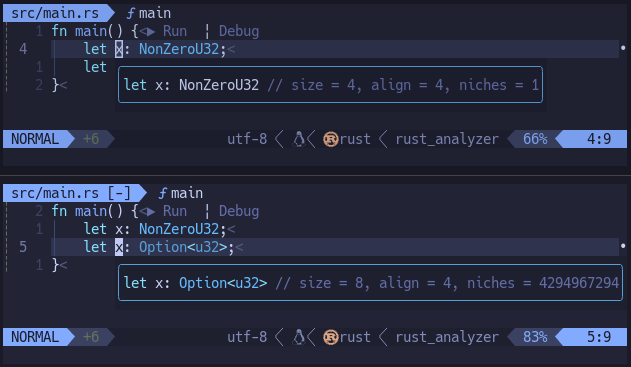 NonZeroU32（上）とOption<u32>（下）のニッチ領域