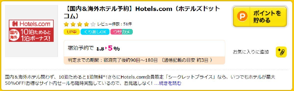 ハピタス経由のHotels.com利用なら利用額の５％ポイント還元！