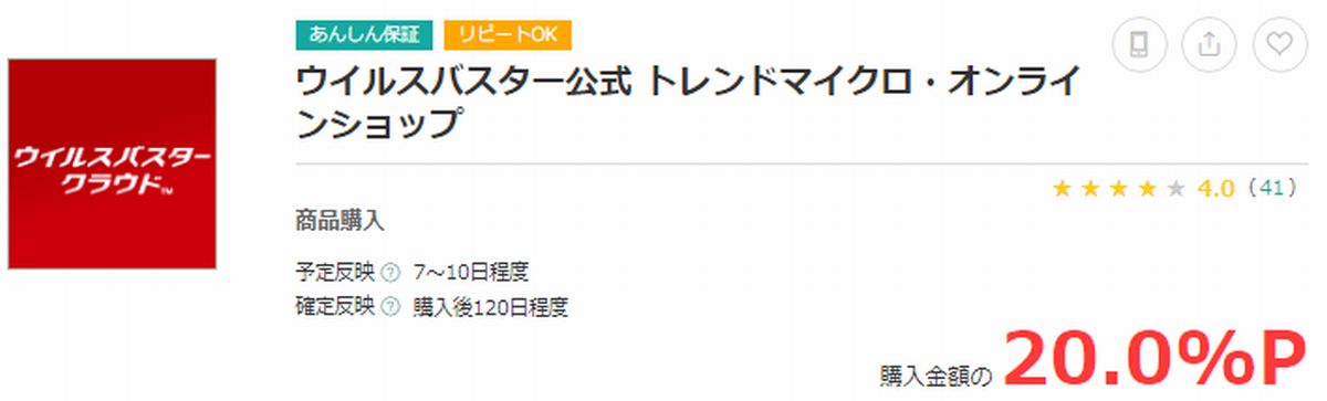 ウイルスバスターモバイルはポイントサイトを利用すると２０％相当のポイント還元！