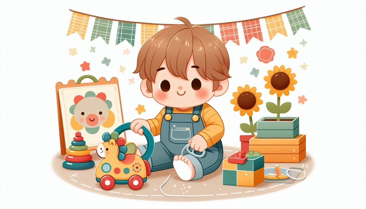 子供がこどもちゃれんじの教材で遊んでいる画像