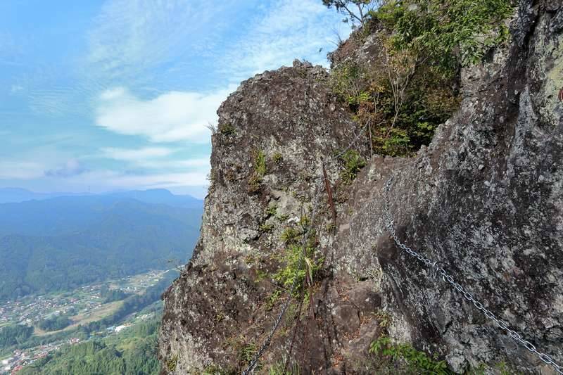 岩々の穴を抜けて稜線へ。落ちたら即死コースなので3点支持で。