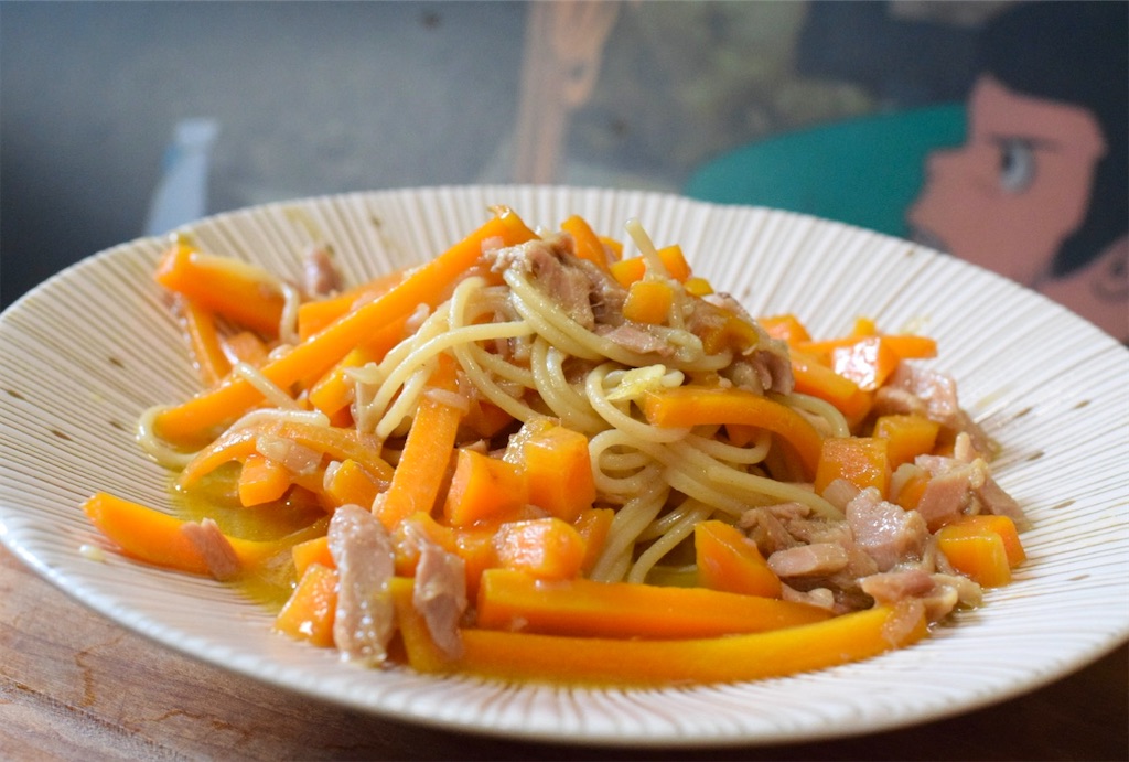 ニンジンとツナ缶の醤油パスタ（ワンパン）