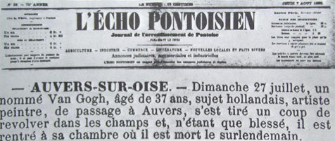 ゴッホの死を報道する新聞(1890年8月7日)