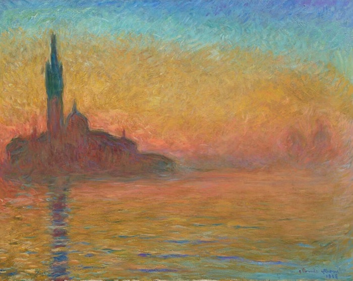 【真作】イタリア人画家 C. Conti 油彩画 F8号「ヴェネツィアの夕暮れ」 クロード・モネ《黄昏、ヴェネツィア》〜青い余韻が残る、最後の旅の