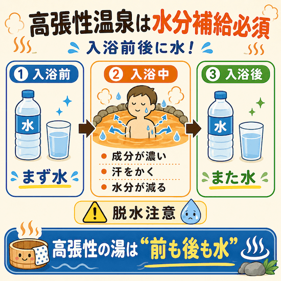 高張性温泉では水分補給が必須